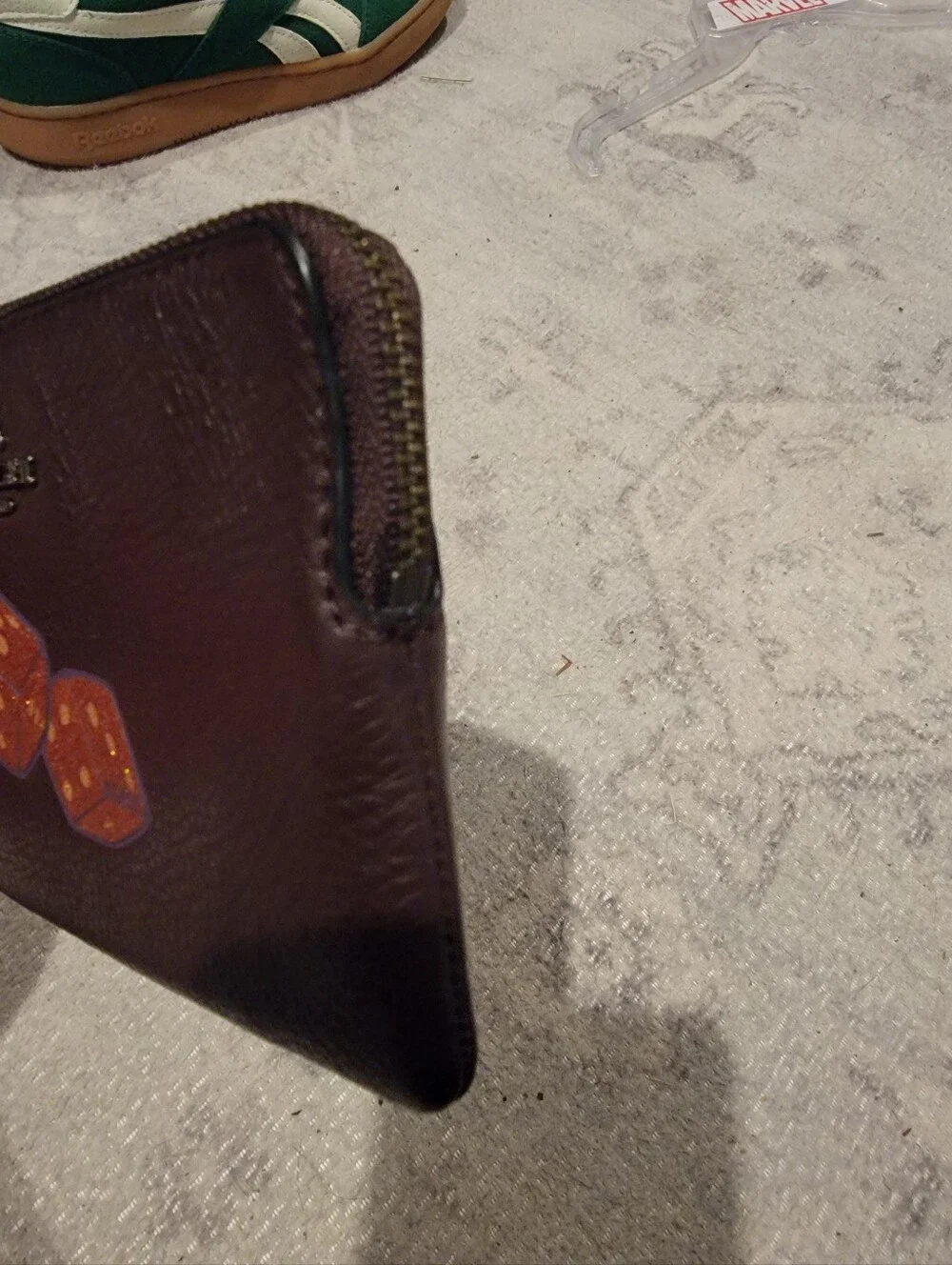 Coach Oxblood/Brown Pebbled Leather Corner Zip Wristet With Orange Dice